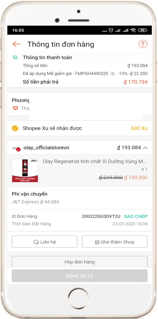 Ảnh tham khảo đơn hàng đã được tách theo từng shop trên Shopee