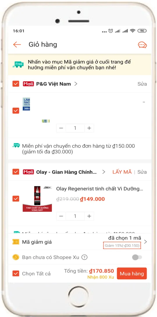 Ảnh tham khảo giỏ hàng gồm sản phẩm từ nhiều shop trước khi áp voucher