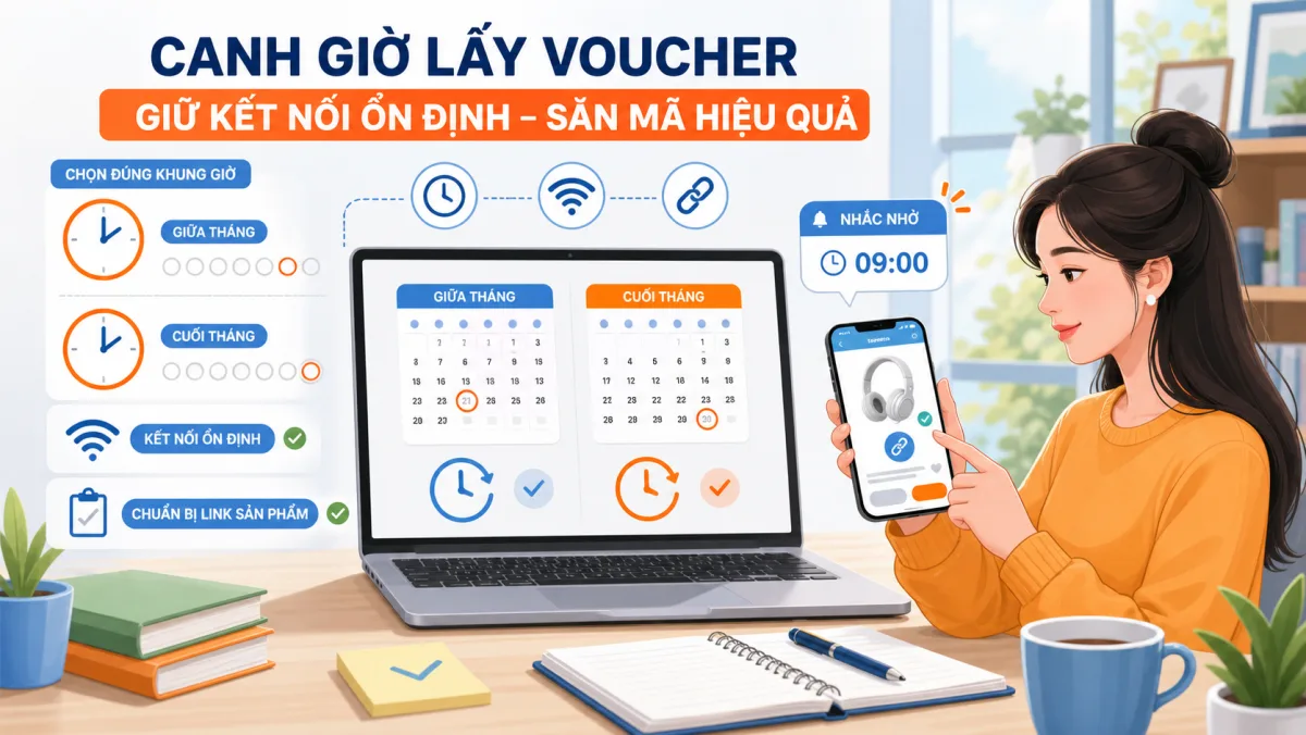 Minh họa nữ canh voucher Shopee giữa tháng và cuối tháng về lượt