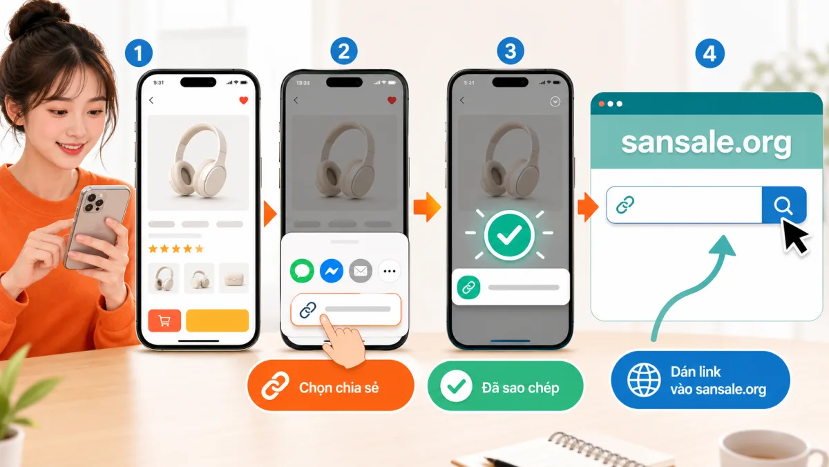 Minh họa copy link sản phẩm Shopee và dán vào sansale.org trong đợt sale giữa tháng