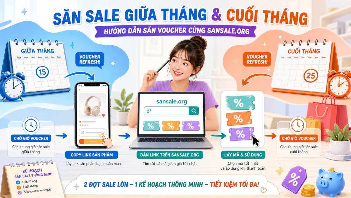 Minh họa săn sale Shopee giữa tháng và cuối tháng bằng cách canh mã về lượt