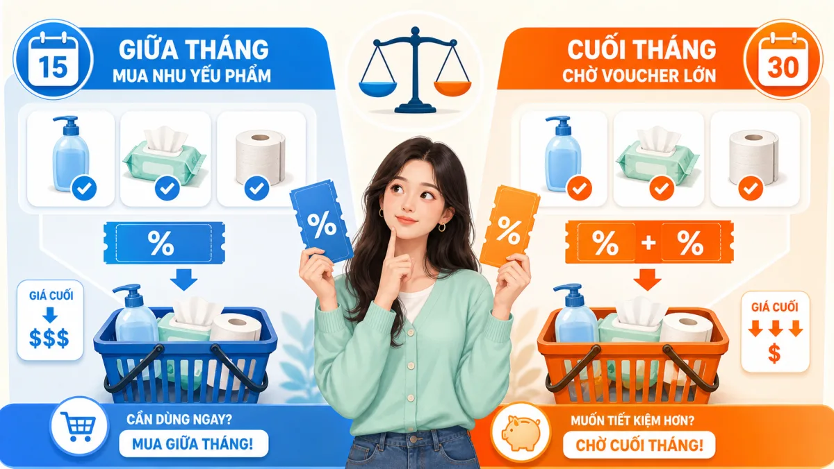 Minh họa so sánh sale Shopee giữa tháng và cuối tháng để chọn thời điểm mua