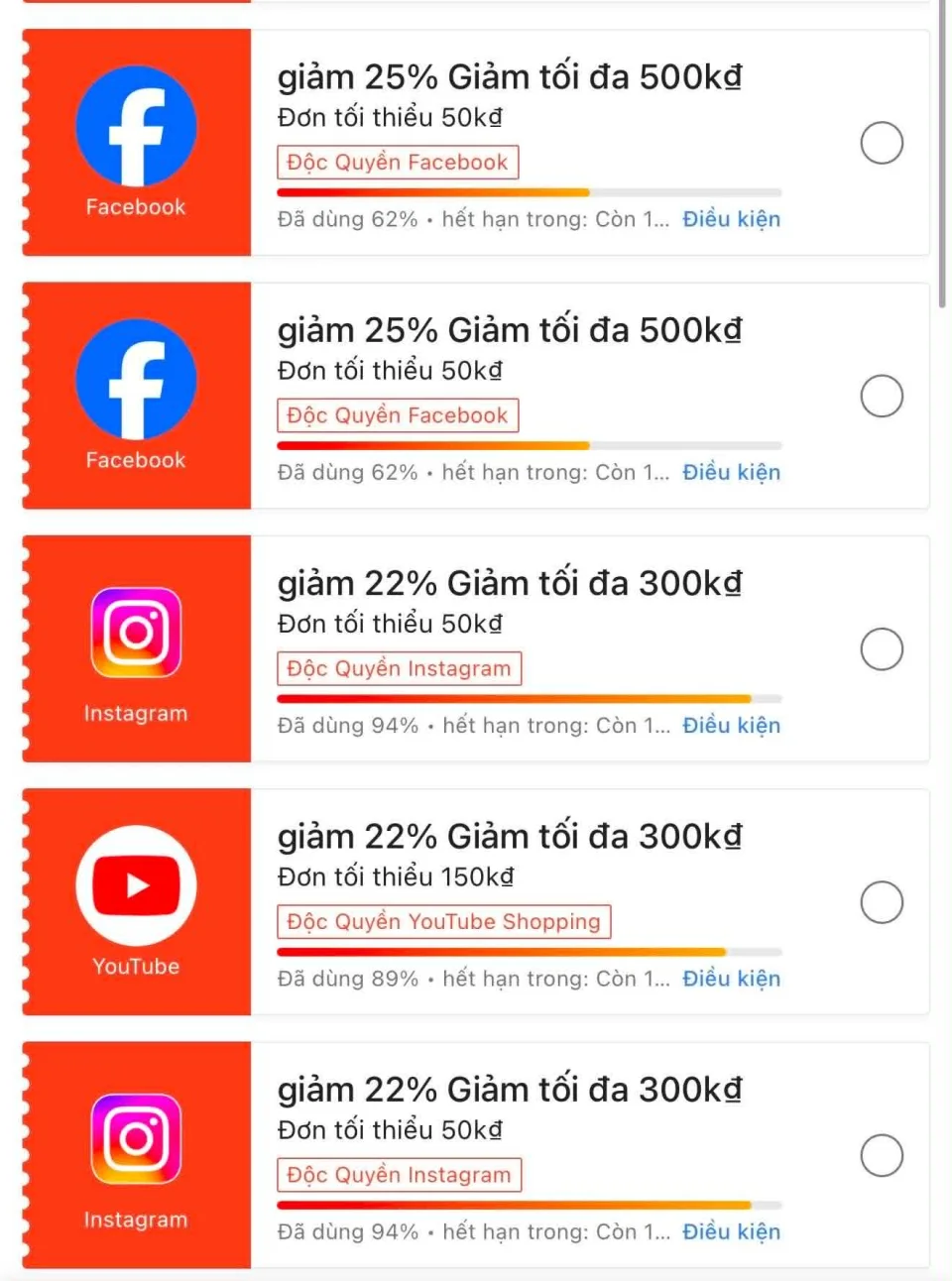 Ảnh thực tế mã Facebook Shopee giảm 25% tối đa 500K cùng voucher Instagram và YouTube