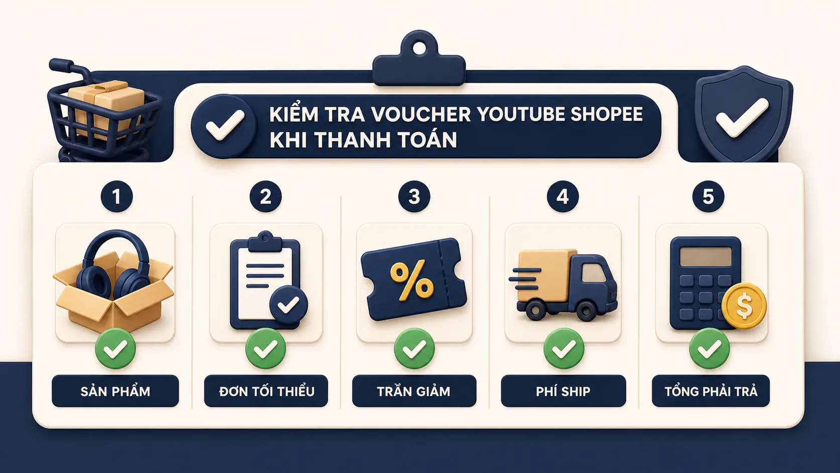 Minh họa checklist kiểm tra voucher YouTube tại checkout Shopee